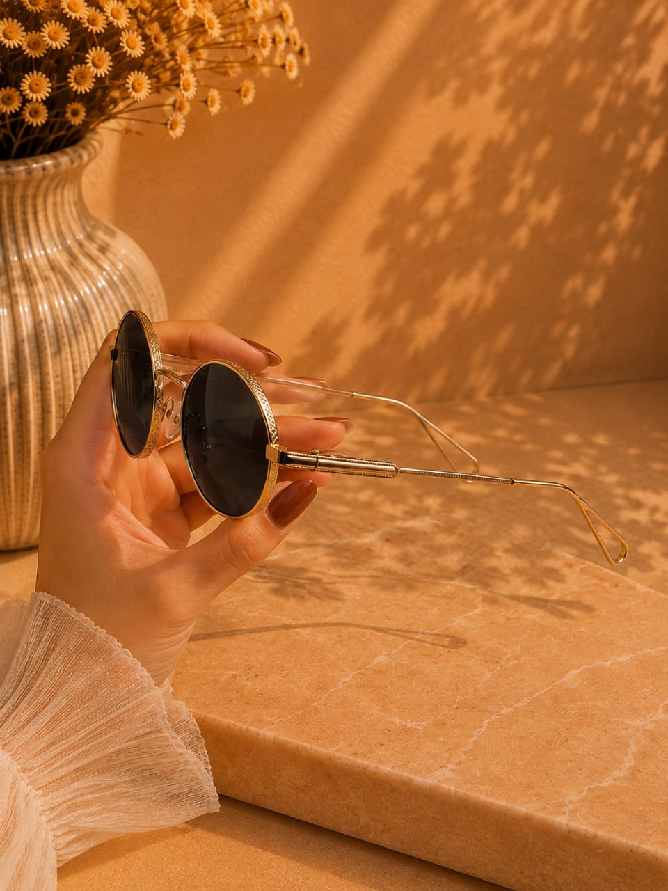 Etched Round Sunglasses — Gold by LUSHÉ