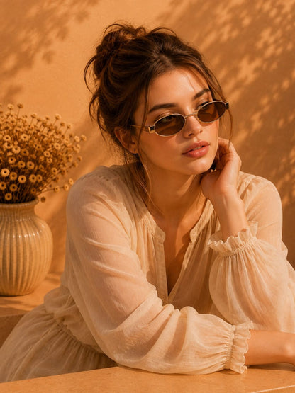 Gold oval sunglasses with tobacco lenses worn, by LUSHÉ
