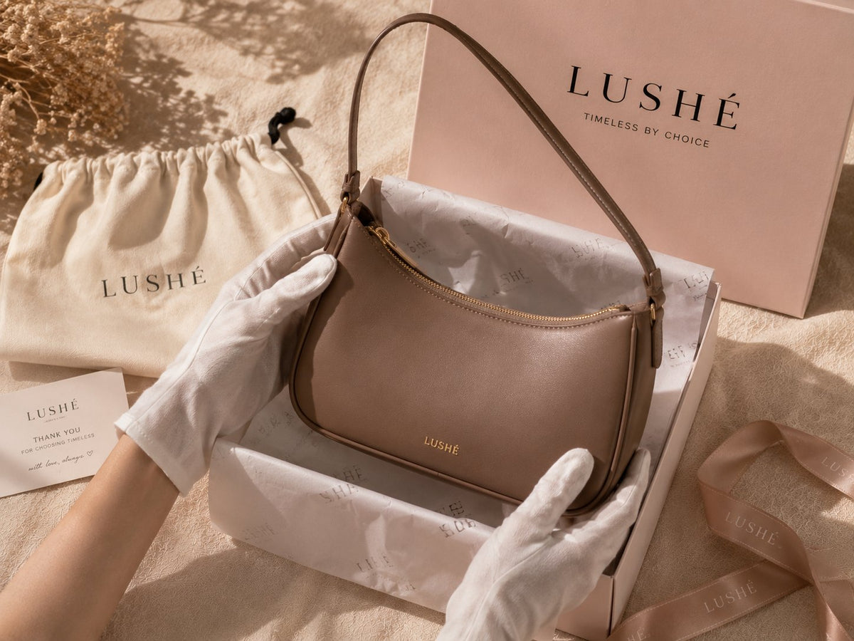 A LUSHÉ bag being checked and packed in branded packaging