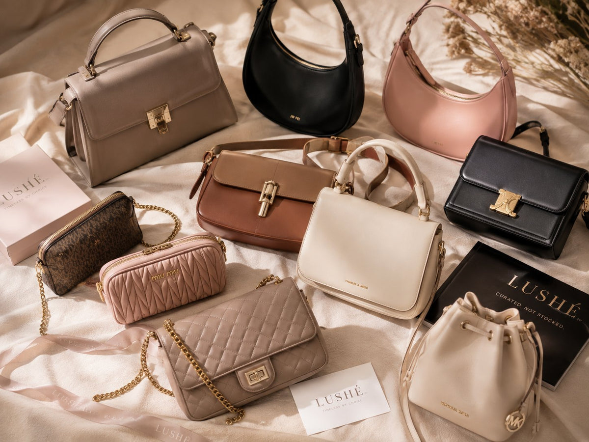 A LUSHÉ flat lay of curated handbags
