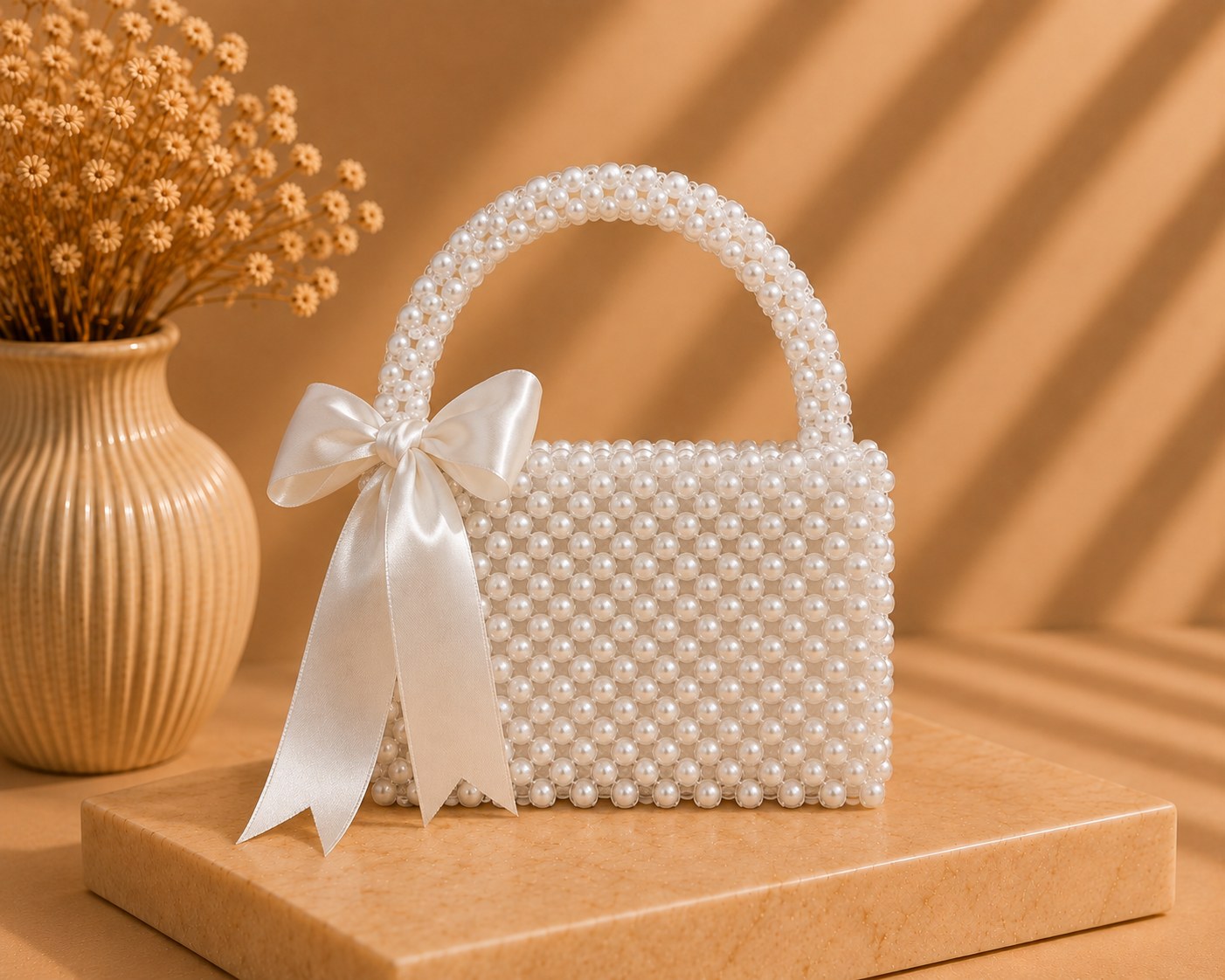 LUSHÉ Pearl Bow Bag in ivory with satin bow