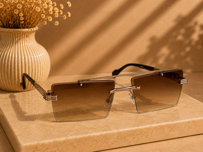 LUSHÉ Rimless Rectangle Sunglasses in gold with brown gradient lenses