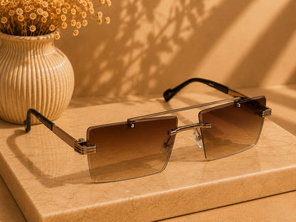 LUSHÉ Rimless Rectangle Sunglasses in gold with brown gradient lenses