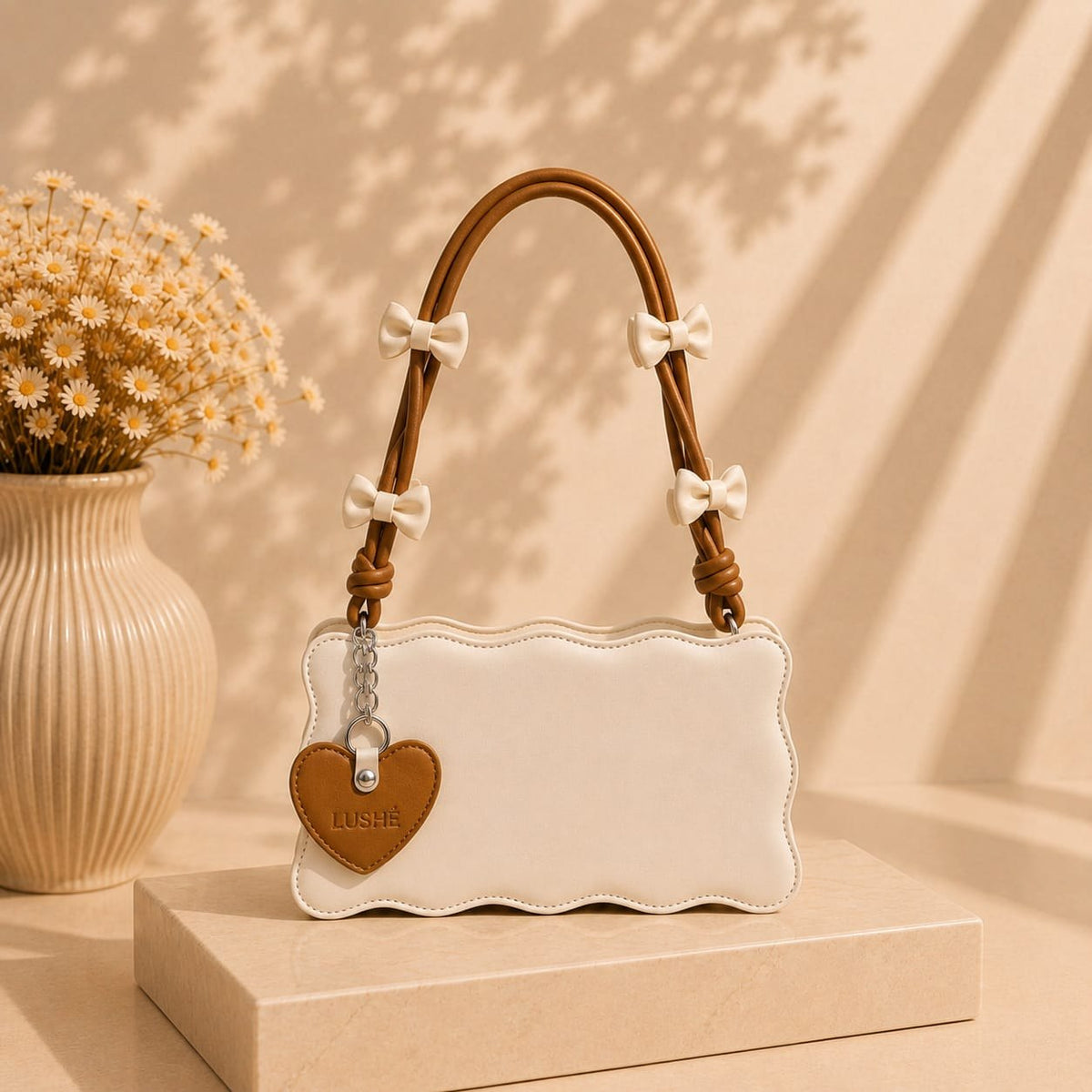 Scallop Bow Bag — Ivory & Tan by LUSHÉ