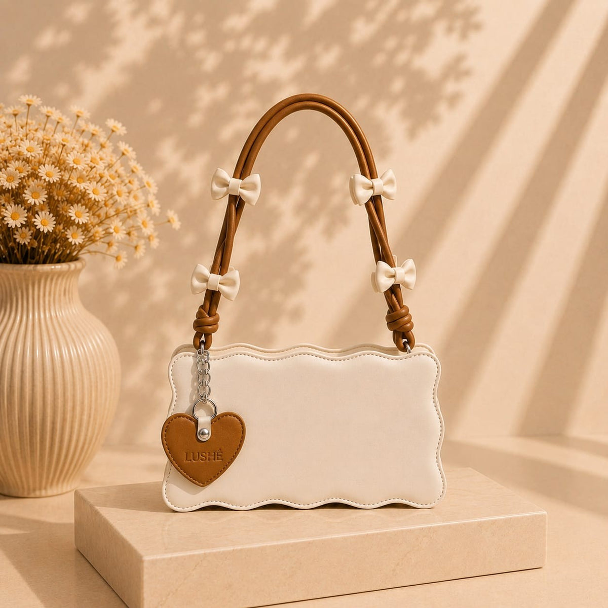 Ivory wave-edge bag with LUSHÉ heart charm and daisies, by LUSHÉ