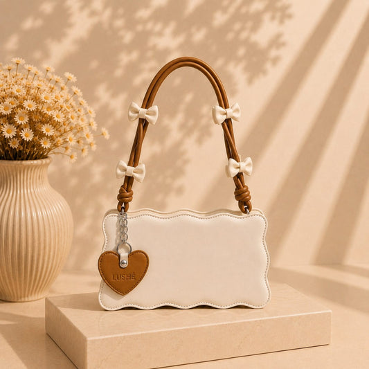 Ivory wave-edge bag with LUSHÉ heart charm and daisies, by LUSHÉ